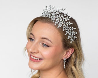 Corona nupcial de cristal plateado - Tiara nupcial de cristal - Tocado de novia plateado llamativo - Novia - Joyas de boda