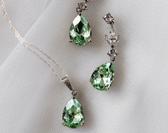 Sage Green Bridal Jewellery Set - Wedding Drop Earring Pendant Set - Peridot