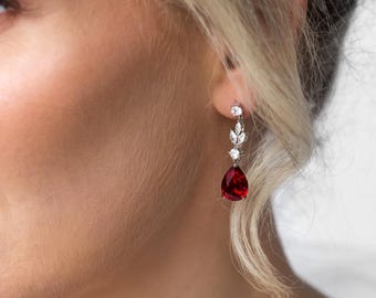 Pendientes rojo rubí - Conjunto de pendientes colgantes para boda / Pendientes de dama de honor