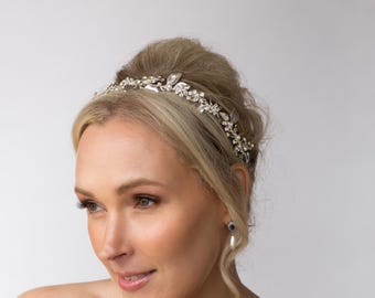 Tocado de novia de plata con flores de cristal / tiara / diadema de novia