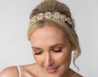 Tocado de novia con flores de cristal, diadema de boda grande y llamativa