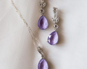 Conjunto de joyería nupcial lila - Pendientes colgantes para boda / Pendientes de dama de honor