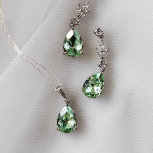 Sage Green Bridal Jewellery Set - Wedding Drop Earring Pendant Set - Peridot