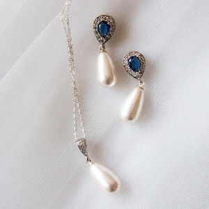 Saphir und Perlenohrringe | Tropfen Ohrringe Set | Brautschmuck | Hochzeitsschmuck | Braut Ohrringe | Geschenk