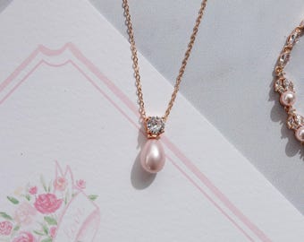 Collar de perlas rosa claro con forma de lágrima - Joyería nupcial de oro rosa