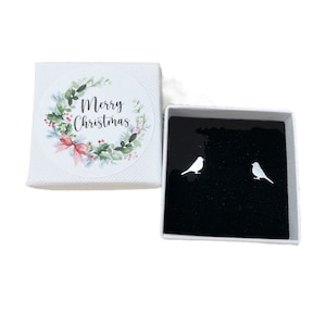 Christmas Earrings - Robin Bird Earrings, Stocking Filler - Sterling Silver Studs - Merry Christmas Gift Box - Gift For Her