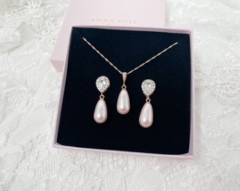 Light pink Pearl Rose gold Jewellery set, Drop earrings Pendant Set Baby Pink, Swarovski Pearl, Bridal Jewellery, Wedding Jewellery