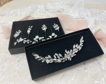 Crystal and Pearl Hair Pin and Tiara Vine Set , Bridal Hair Piece, Wedding Hair Accessories, Bridal hair Jewellery