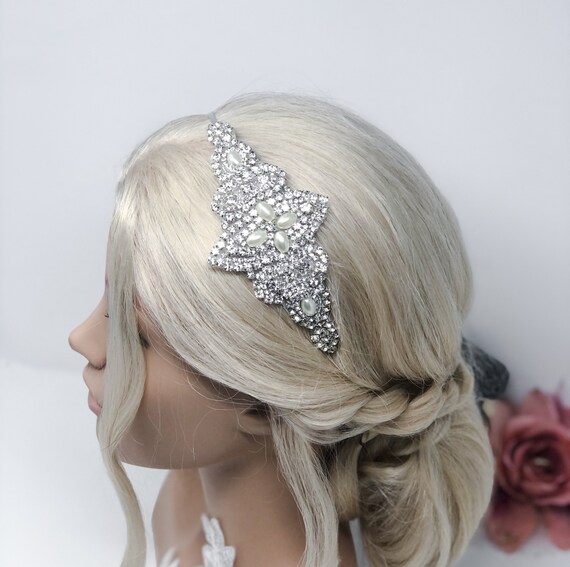 Crystal Rhinestone Pearl Bridal Headband: Handmade Silver  display picture 3