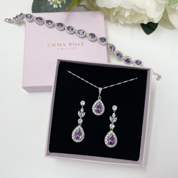 Parure goutte violet zircone cubique - Collier, boucles d'oreilles, bracelet - Parure de bijoux de mariée