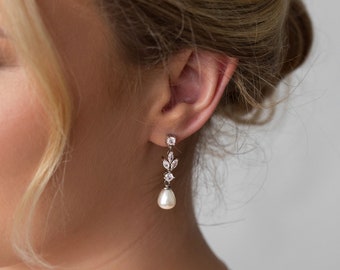 Pearl drop Earring, Cubic Zirconia Simulated Diamond Bridal Earring, Wedding Earrings Teardrop Pearl