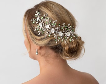 Vid de pelo nupcial, Peluquín, Peine, Joyería para el cabello, Flores de arcilla plateada de brillo de cristal verde