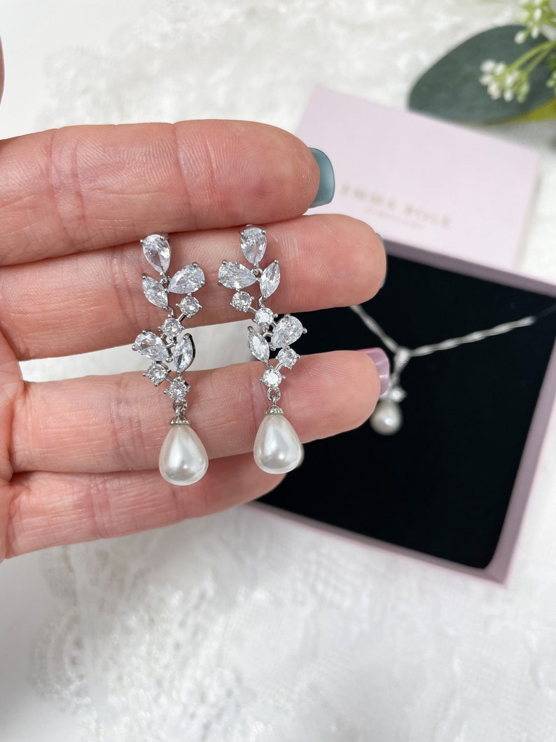 Pearl Long Drop Jewellery Set Bridal Jewellery Wedding Jewellery Pearl Earrings Necklace Set Gift Bride Prom Occasion image 7