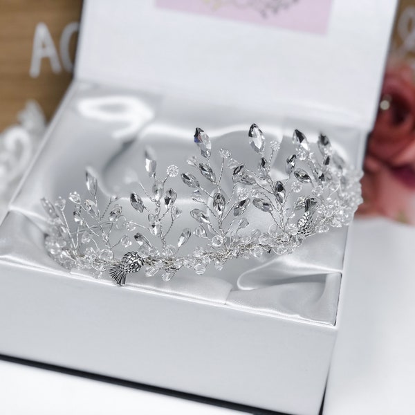 Crystal Thistle Tiara, Scottish Tiara, Thistle Rose Crown, Sparkly Wedding Tiara, Bridal Tiara