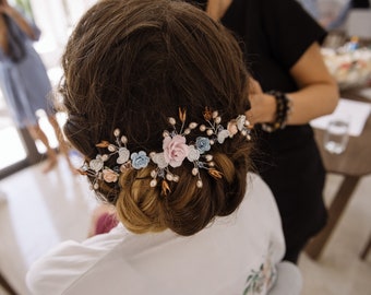 Blush Pink Powder Blue Floral Hair Piece, Flower Vine, Rose Gold, Silver Rose Hair Vine