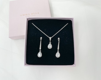 Hochzeit Schmuck Set - Kristall Cubic Zirkonia Lange Träne Tropfen Ohrringe - Halskette - Silber Braut Accessoires - Braut