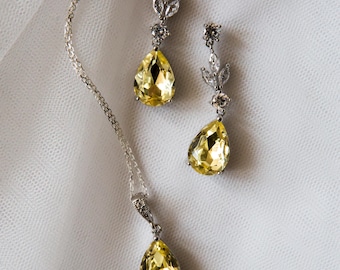 Conjunto de joyas de novia amarillas - Conjunto de pendientes colgantes para boda / Pendientes de dama de honor / Citrino