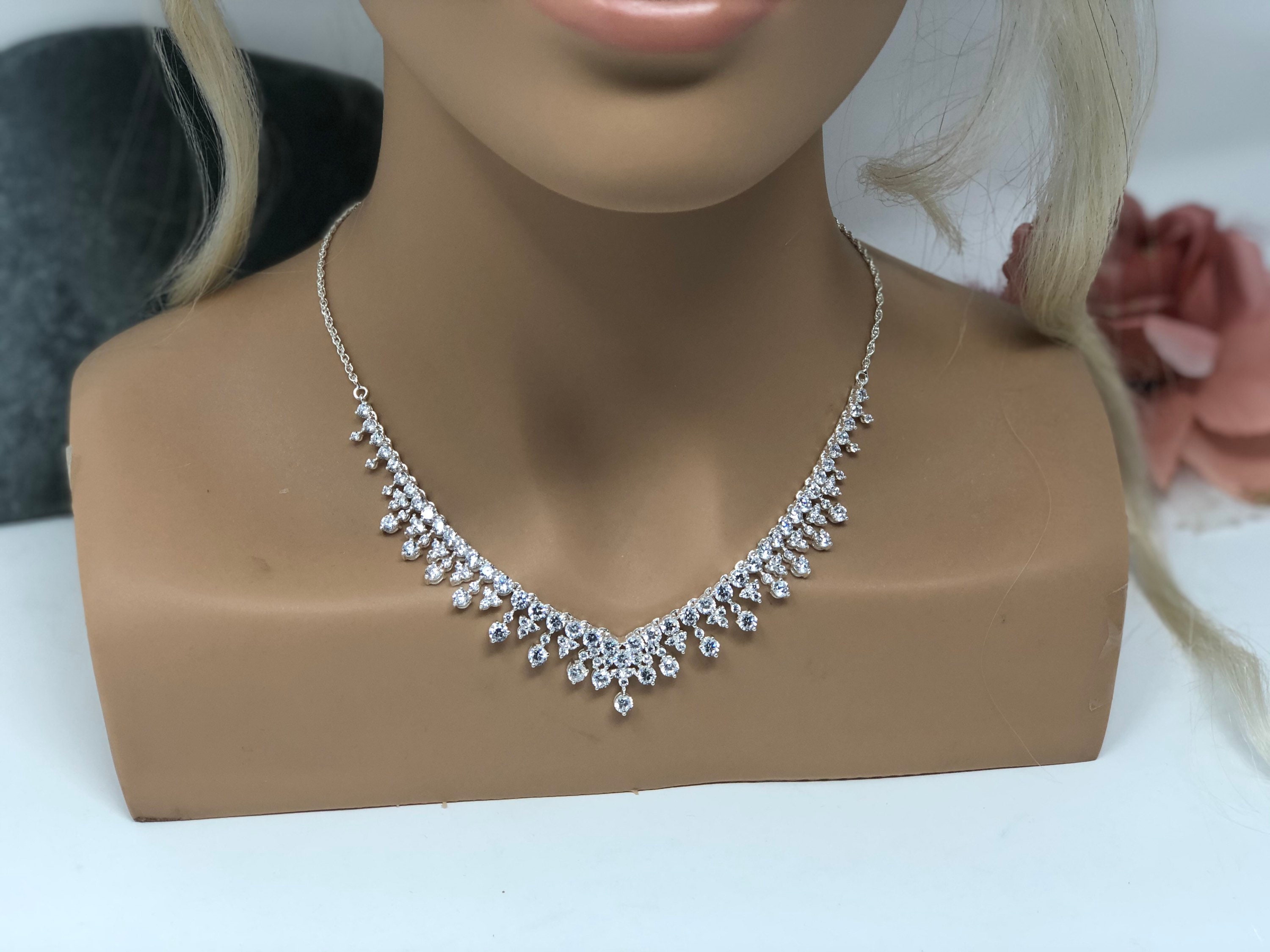 Sterling Silver Large Statement Crystal Bridal Necklace CZ - Etsy UK