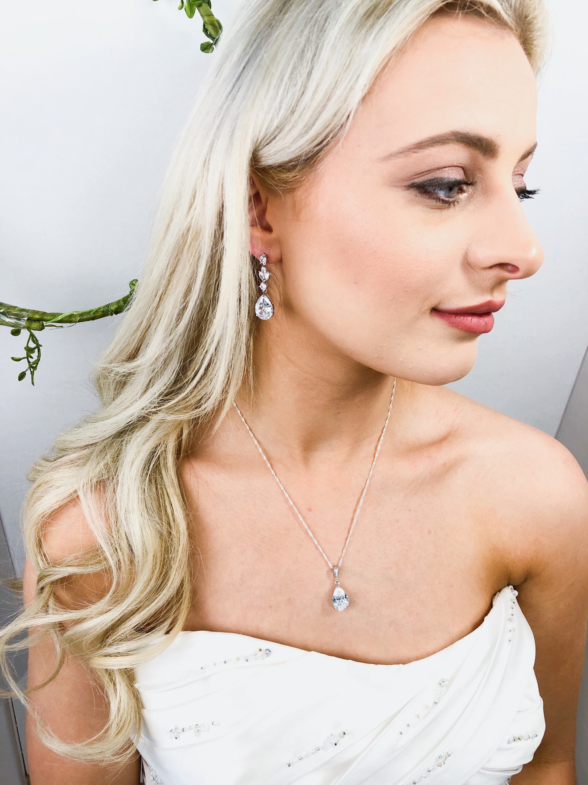 Set Di Gioielli Per Damigelle D'onore – Collana Con Ciondolo Cristallo, Bracciale Tennis E Orecchini Pendenti A Foglia – Zirconia Cubica, Senza Piombo E Nichel, Regalo Elegante - 3