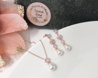 Rose Gold Pearl Drop Jewellery Set, Bridal Jewellery, Wedding Jewellery, Pearl Earrings and Necklace