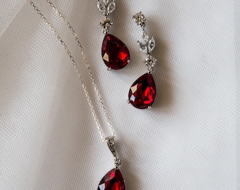 Conjunto de joyas nupciales en rojo rubí: pendientes colgantes para boda/pendientes de dama de honor