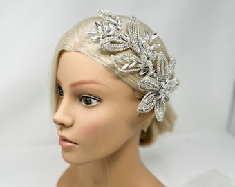 Large statement Side bridal hair piece - Crystal flower Sparkly big wedding hair comb Vine