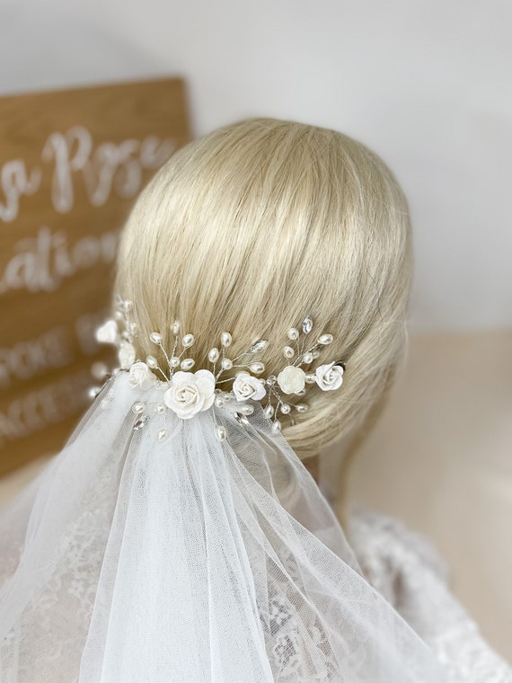 Ivory Crystal Pearl Flower Hair Piece, Bridal Vine, Wedding  display picture 1