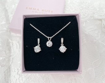 Small delicate Drop Stud and Pendant Set - Sterling Silver Simulated Diamond Jewellery Set Round Baguette Stones  - Christmas Gift