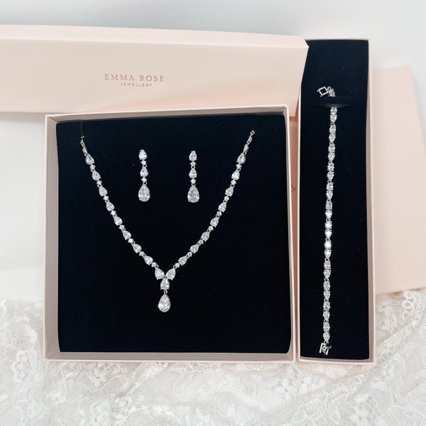 Ensemble de bijoux de mariée, Ensemble de bijoux en cristal, Boucles d'oreilles pendantes, Ensemble collier et bracelet, Bijoux de mariage