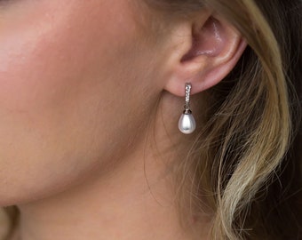 Small Pearl drop Earring, Cubic Zirconia Simulated Diamond Bridal Earring, Wedding Earrings Teardrop Pearl