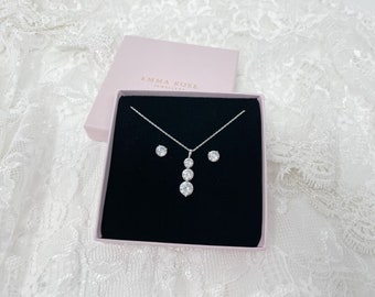 Small delicate Stud and Trio Pendant Set - Sterling Silver Simulated Diamond Jewellery Set - trilogy - Birthday - Christmas Gift