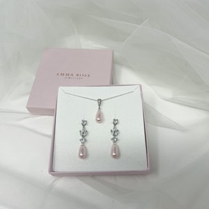 Light Pink Pearl drop Earring, Cubic Zirconia Simulated Diamond Bridal Earring, Wedding Earrings Teardrop Pearl image 3