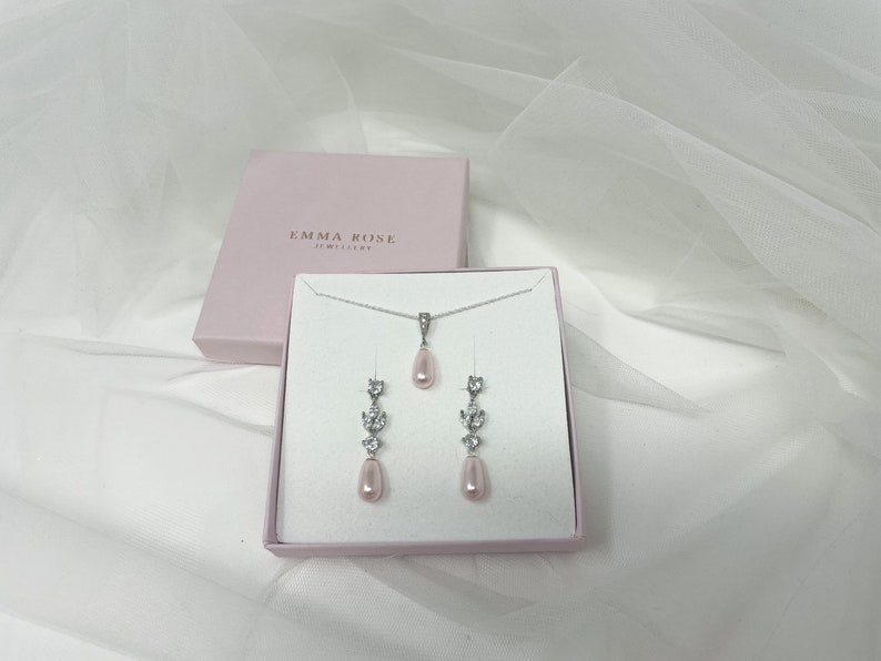 Light Pink Pearl drop Earring, Cubic Zirconia Simulated Diamond Bridal Earring, Wedding Earrings Teardrop Pearl image 3