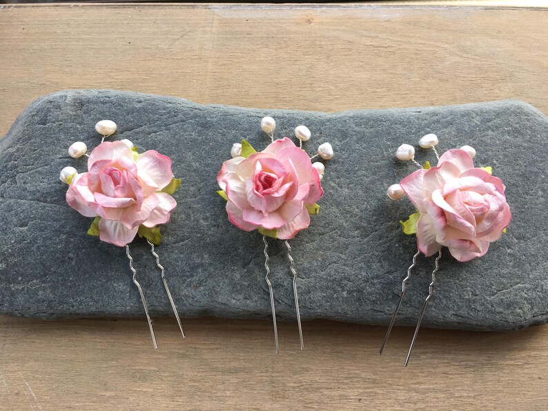 many colous Pink Blush Flower Pearl Hair Pins Hair Piece Bridal Bridesmaid Flower Girl