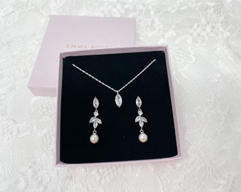 Delicate Pearl drop Earring, Marquise Cubic Zirconia Simulated Diamond Bridal Wedding Jewellery set