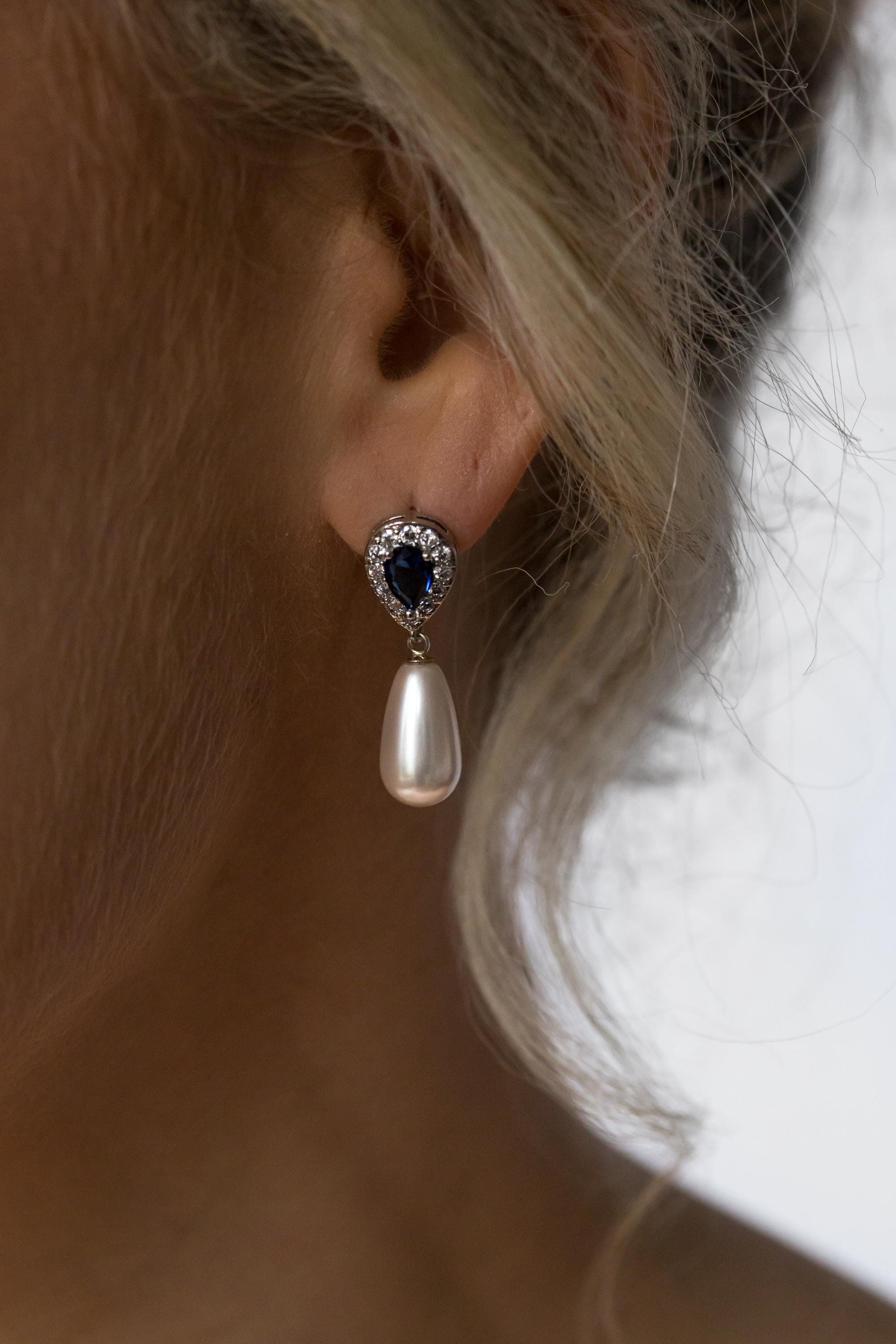 Sapphire and Pearl Earrings | Drop earrings Pendant Set | Bridal Jewellery | Wedding Jewellery | Bridal Earrings | Gift