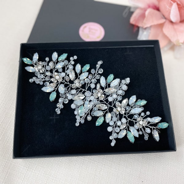 Large Sparkly Crystal Hairpiece Vine, Sea Green Blue Opal Bridal Hair Accessory , Statement Hair Vine