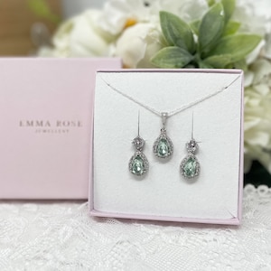 Delicate Teardrop Bridal Jewellery Set | Drop Earring and Pendant | Sage Green Crystal Jewellery | Bridesmaid Gift