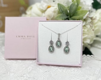 Delicate Teardrop Bridal Jewellery Set, Drop Earring and Pendant, Sage Green Crystal Jewellery, Silver Wedding Jewellery