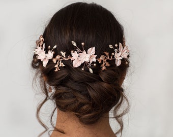 Thistle and Blush Pink Clay Flower Hair Vine Comb - Bridal Hairpiece - Wedding Hair Piece Rose Gold - Silver