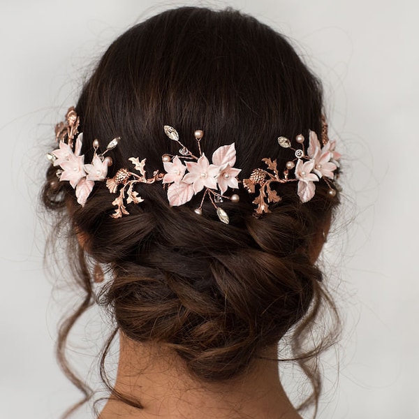 Thistle and Blush Pink Clay Flower Hair Vine Comb - Bridal Hairpiece - Wedding Hair Piece Rose Gold - Silver