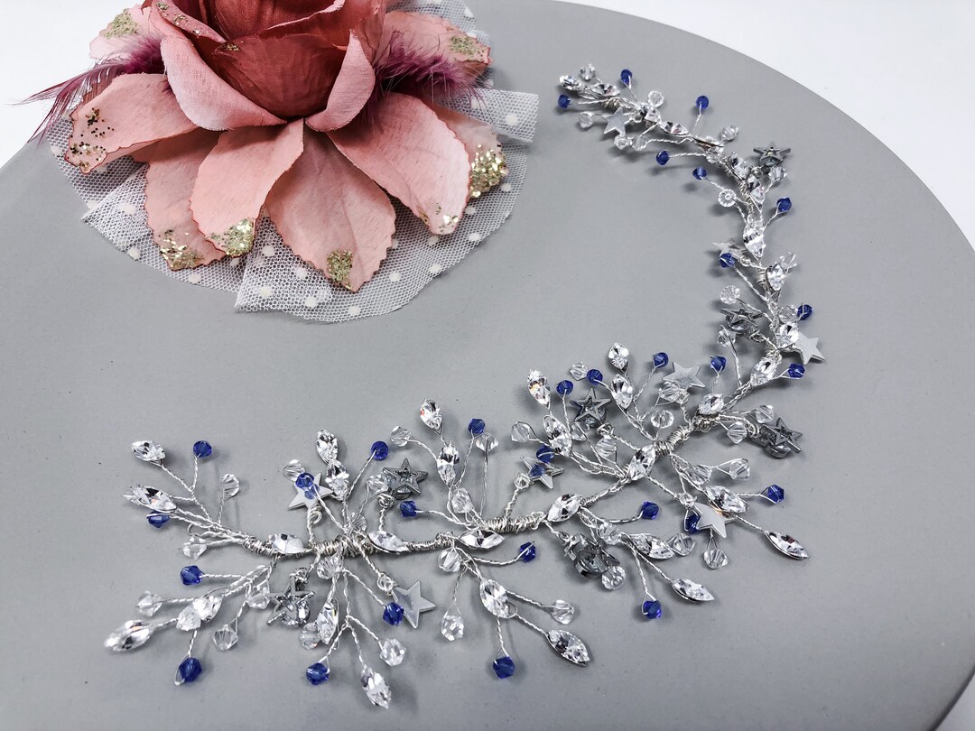 Bridal Hair Piece Vine Blue Crystals and Stars, Wedding Hair Vine, Celestial Hair Piece Etsy