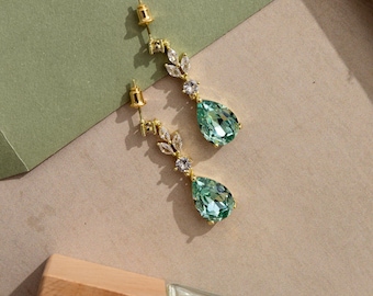 Pendientes de novia verde salvia - Conjunto de pendientes colgantes para boda - Peridoto - Joyería para dama de honor
