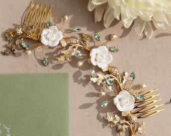 Peineta de novia verde salvia - Conjunto de joyas de novia - Rosas de cardo y arcilla