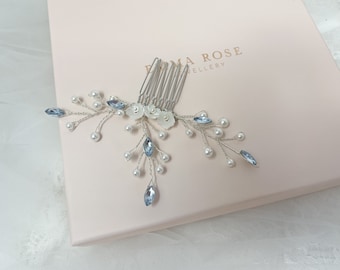 Small Delicate Pearl Blue Crystal Hair Comb |  Pearl Wedding comb | Bridal comb | Hair Clasp | Hair slide | Bride | Bridesmaid Gift