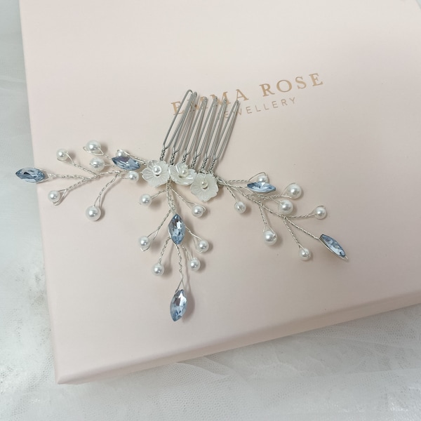Small Delicate Pearl Blue Crystal Hair Comb, Pearl Wedding comb, Bridal comb, Hair Clasp, Hair slide