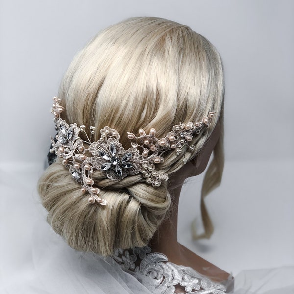 Champagne Lace Bridal Hair Piece, Wedding Hair Vine, Lace Headpiece Pearls Crystals