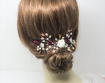 Pieza de cabello de flor de Borgoña, enredadera nupcial, peine de cabello de boda, pieza de cabeza floral, rojo de vid de cabello plateado de vino profundo