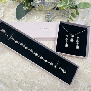 Pearl Drop Jewellery Set, Bridal Jewellery, Wedding Jewellery, Pearl Earrings Necklace Bracelet Set