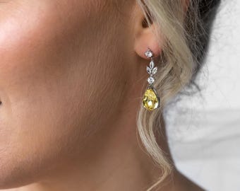 Pendientes de lágrima amarilla - Conjunto de pendientes colgantes para boda / Pendientes de dama de honor / Citrino